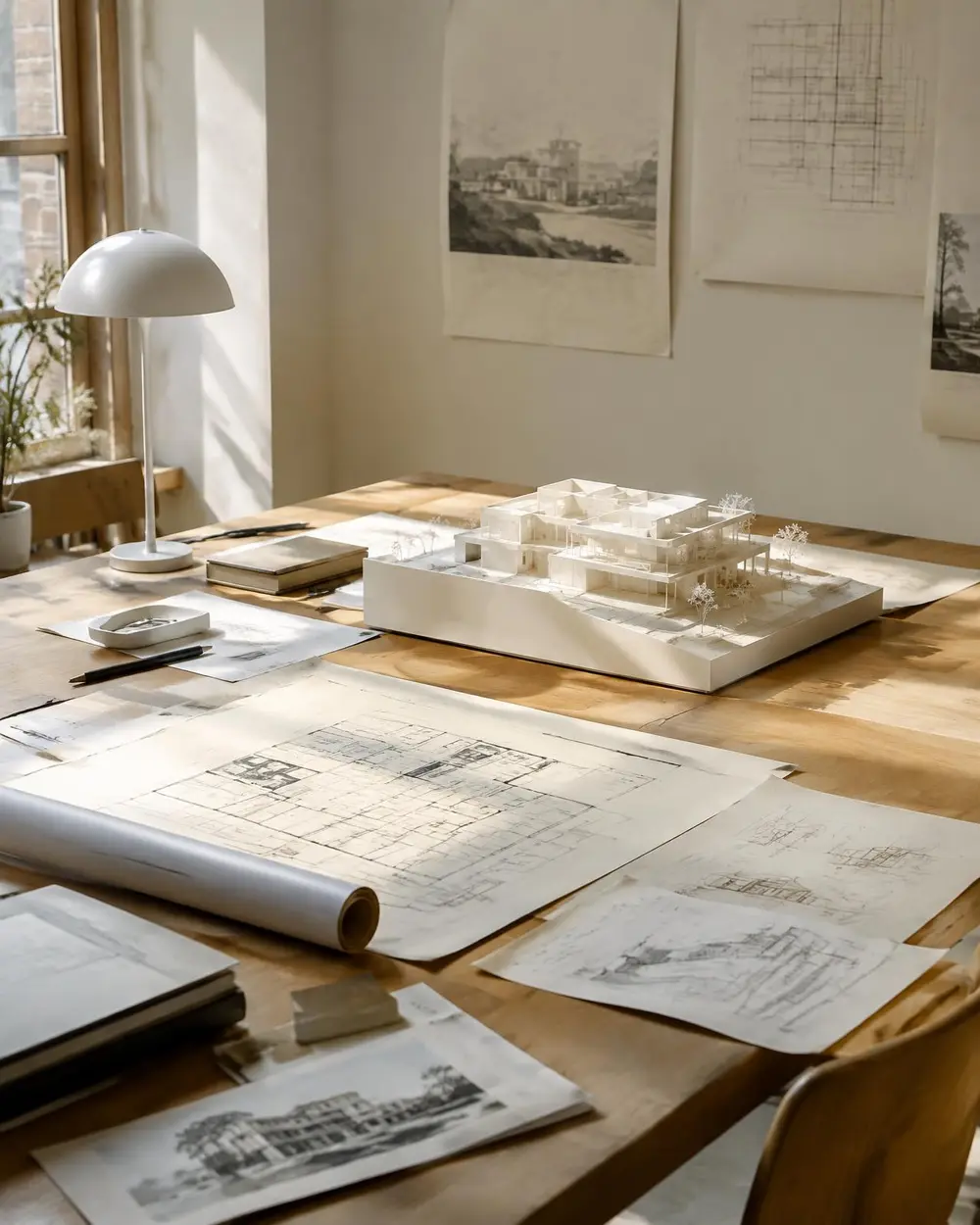 Tavolo di lavoro di OM Studio con plastico e disegni