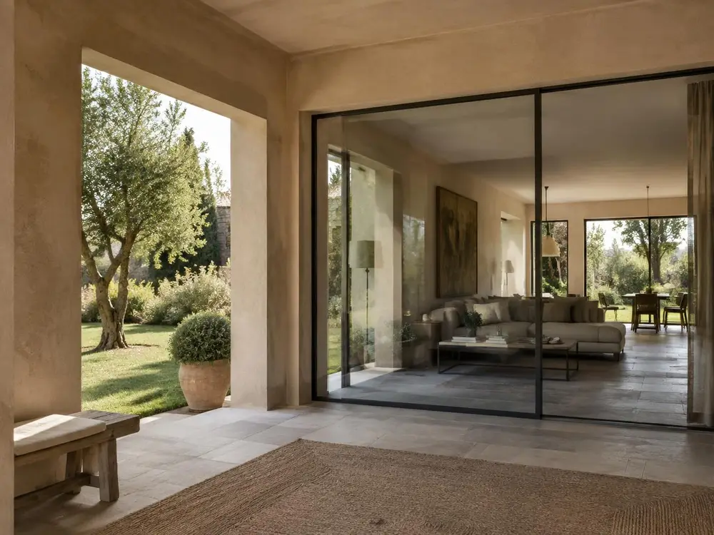 Vista dal portico verso la zona giorno e il giardino