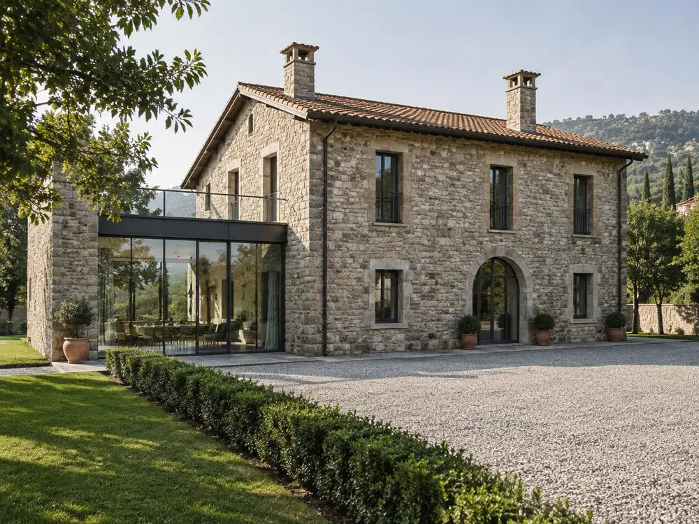 Casale in pietra con nuova vetrata e cortile rinnovato
